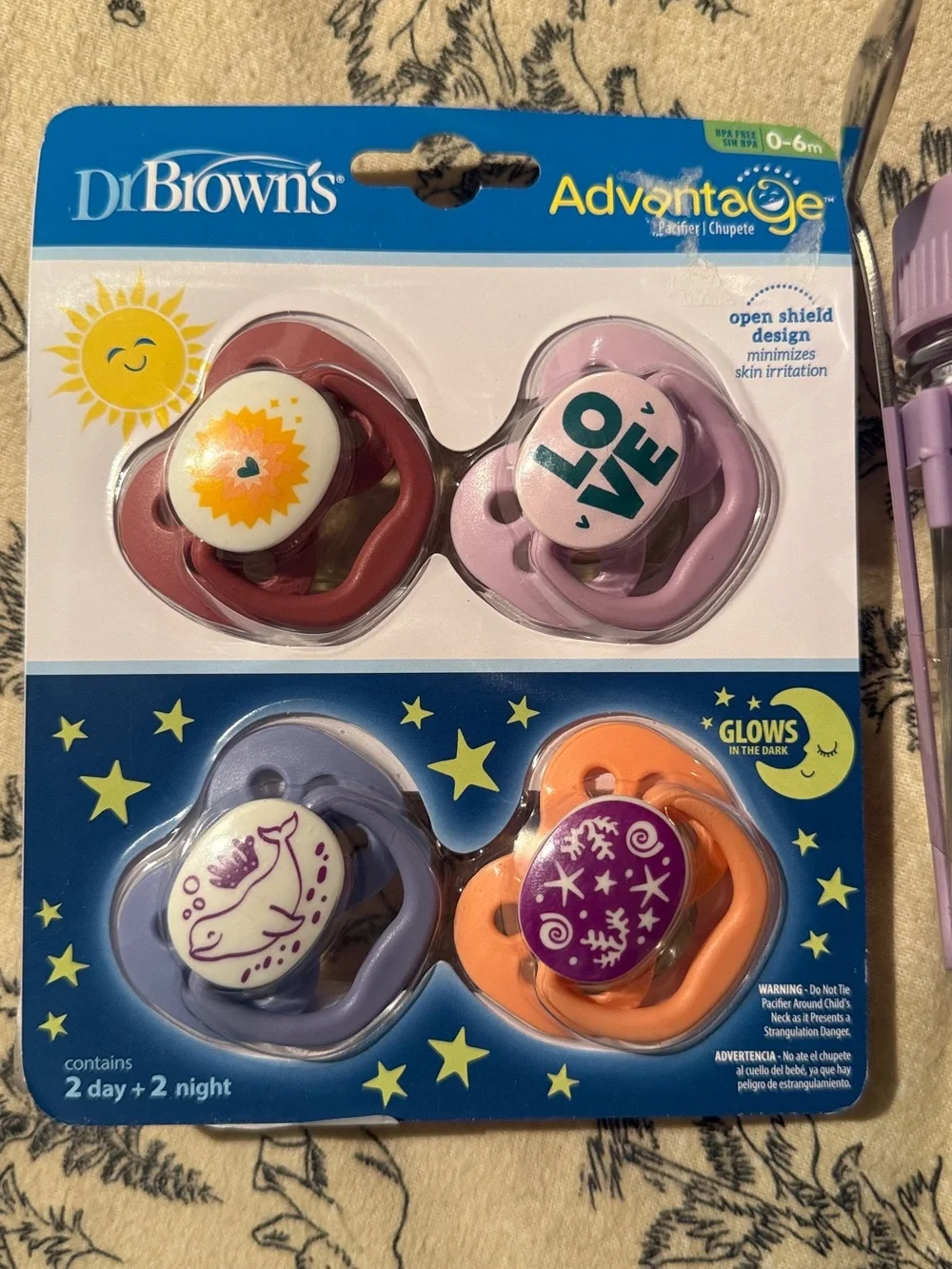 Dr. Brown's Advantage Glow Pacifier Set - Pink & Purple and Glass Feeding cont